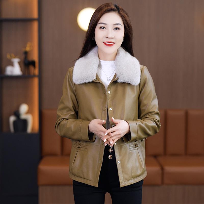 

Женская зимняя куртка-косуха из ПУ с флисовой подкладкой свободного кроя и меховым воротником 2024 M [80-100 cm]