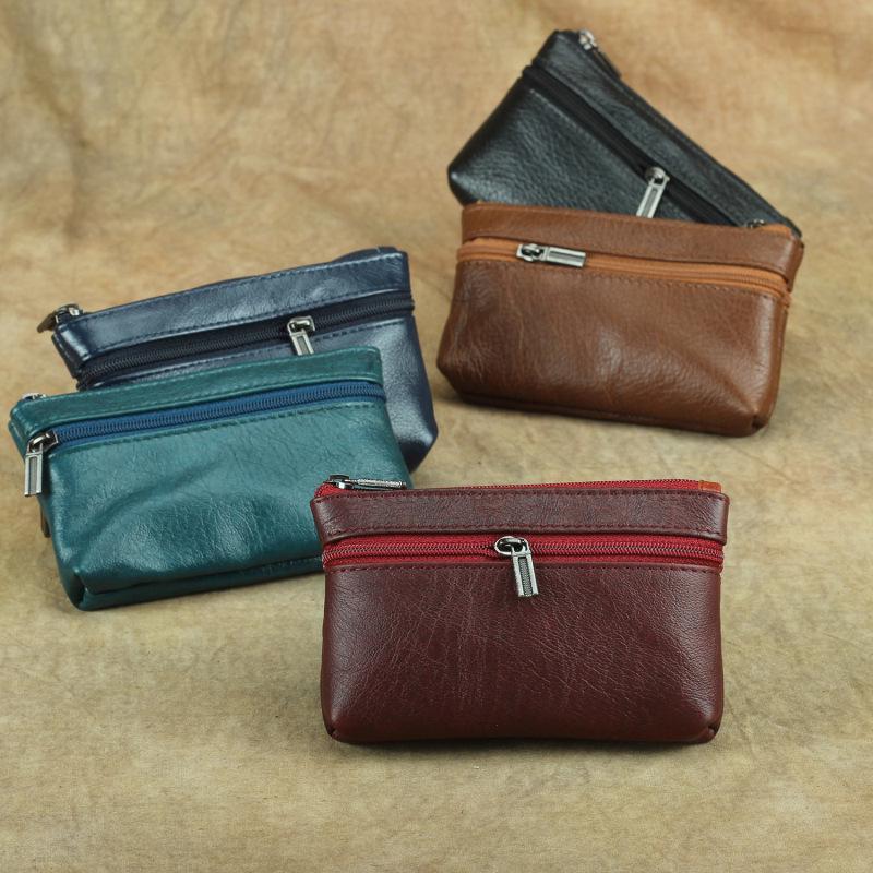 Genuine Leather Double Zipper Coin and Card Holder