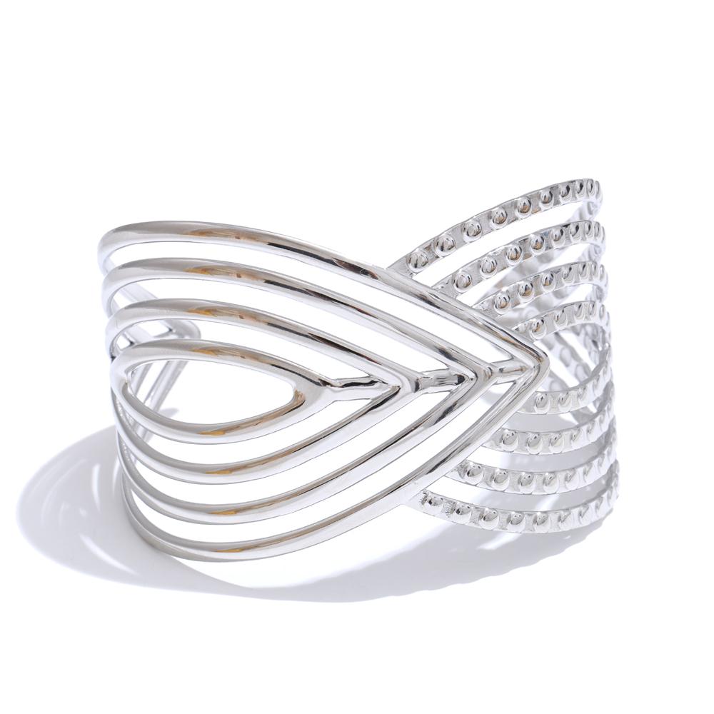

Yhpup Line Geometric Hollow Trend Stainless Steel Metal Open Statement Large Bracelet Bangle PVD Plated Waterproof Wrist Jewelry