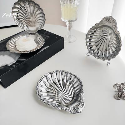 European Style Shell Shape Water Ripples Fruit Plate,Silver Stainless Steel Plate Home Food Tray,Snack Disc Table Decoration