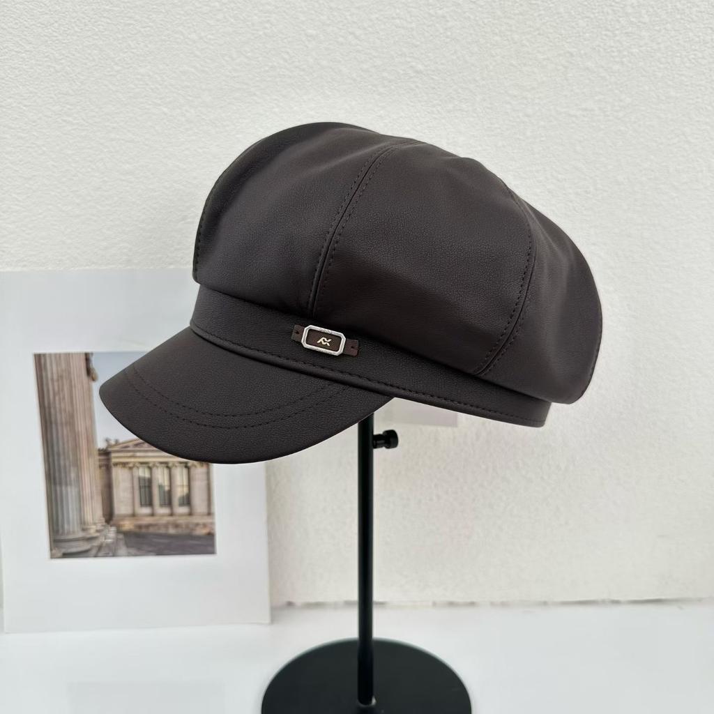 Spring and Autumn New Pu Leather Fashion Foreign Style Octagonal Hat Children British Style Plain Face Cap Show Face Little Beret Tide