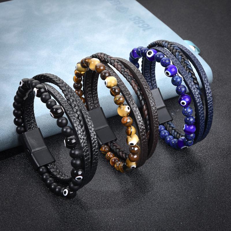 

Men s Multi-layer Leather Bracelet with Glazed Beads and Alloy Buckle 19 cm