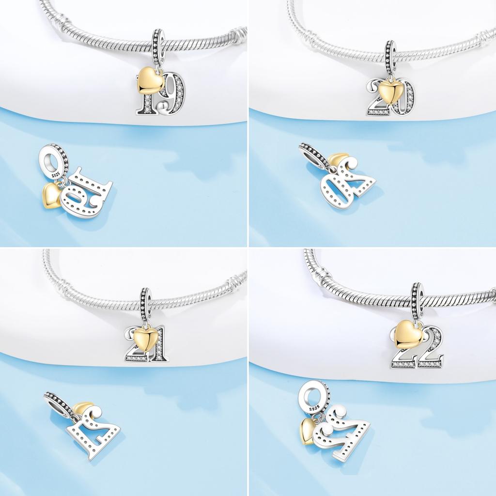 Orstarry S925 Silver Lucky Number 10,15,18,20 Heart Charm Anniversary Celebration Pendant DIY Jewelry Making