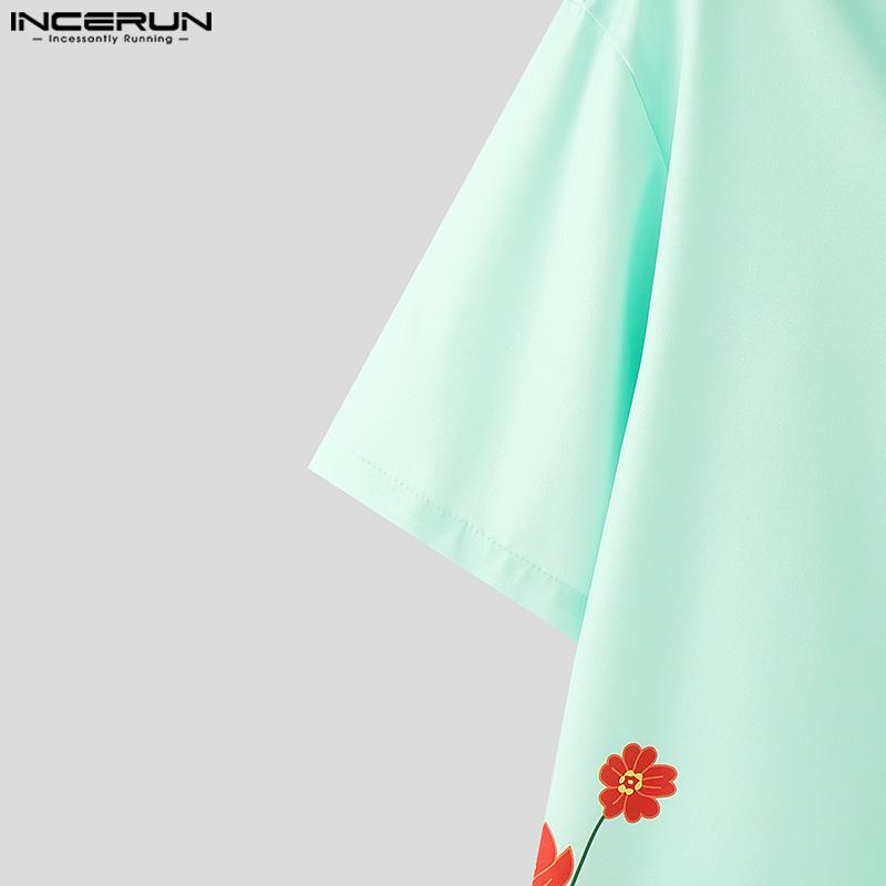 INCERUN Oversized Men Summer Lapel Neck Short Sleeve Floral Print Casual Shirts