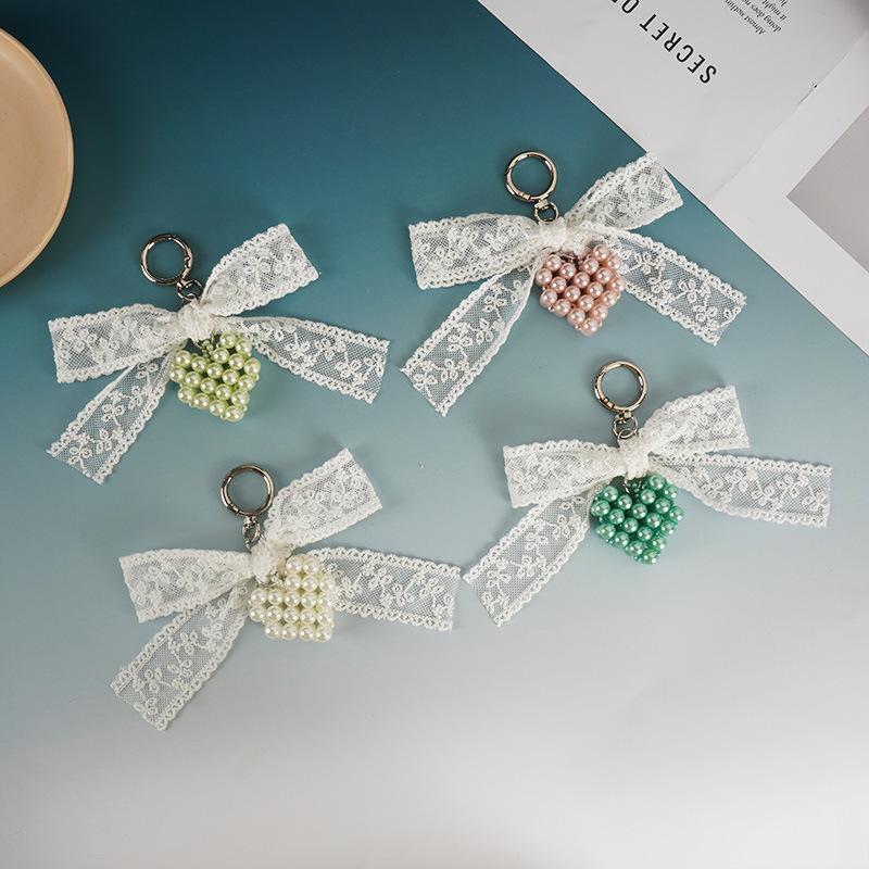 Handmade Korean Style Lace Butterfly Knot Keychain with Pearl Heart Elegant Bag Accessory Jewelry Piece from Mainland China