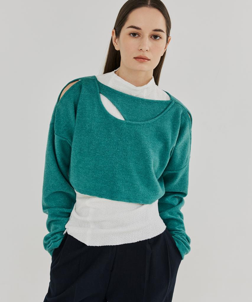 THEFRHT Cutout Two-Way Wool Crop Top (Teal)