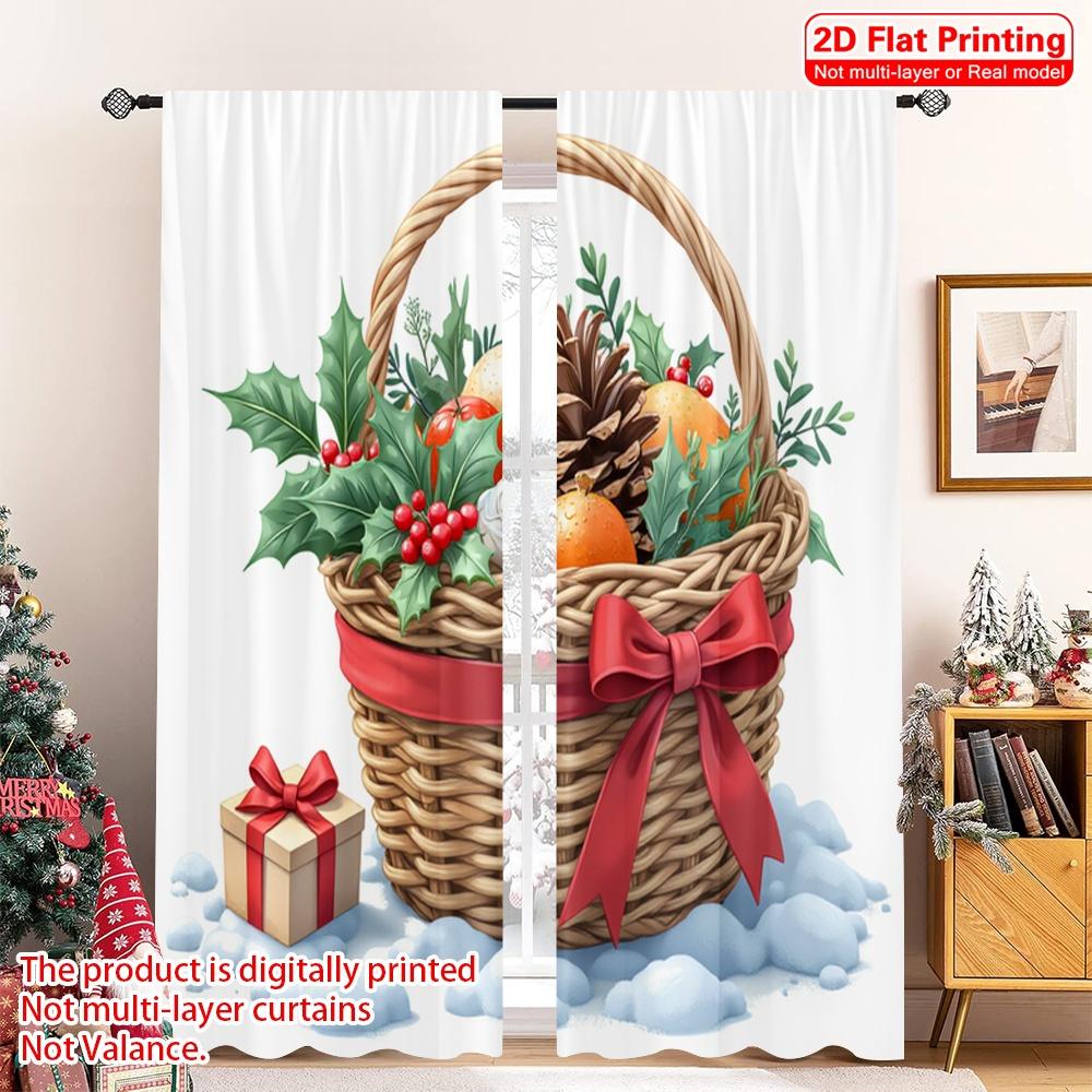 

2pcs 2D flat printing Merry Christmas Popular Window Curtains Christmas Gift Basket Holly Berries_a 100% Polyester Fabric 52.50×116.00 CM 2pcs