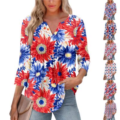 Women's Fashionable Casual Pleated V Neck Color Seven Quarter Sleeve T-shirt Top