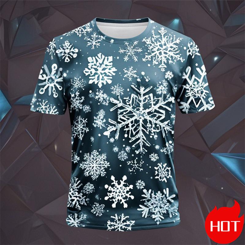 Funny 3D Snowflake Print Men's T Shirt Christmas Casual Loose Short Sleeve Tops Fashion New Year Gift