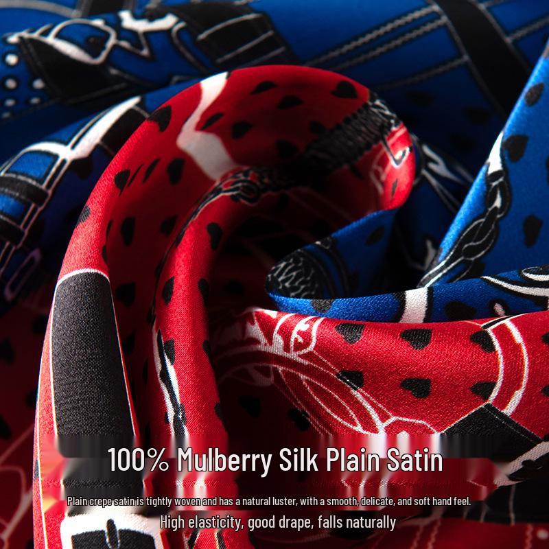 Elegant Autumn Red & Blue Patchwork Mulberry Silk Scarf - Versatile Women's Fashion Accessory
