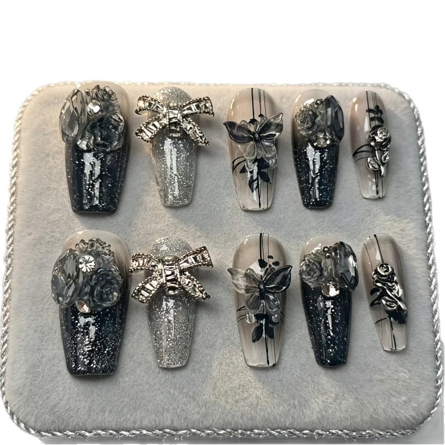 High-End 3D Black Crystal Butterfly Gradient Rose Press-On Nails