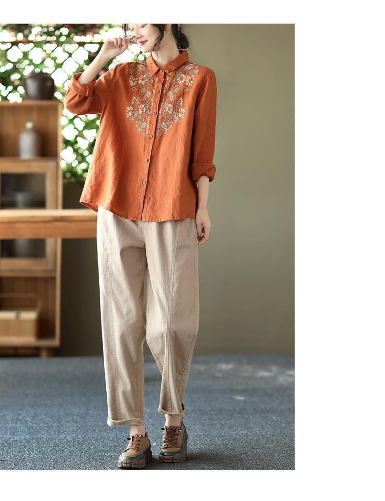 Retro Ethnic Embroidered Cotton Linen Blouse - Women's Long Sleeve, Spring 2025.