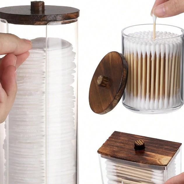 Set di tamponi di cotone rettangolari e scatola portaoggetti con coperchio per trucco, filo interdentale e stuzzicadenti.