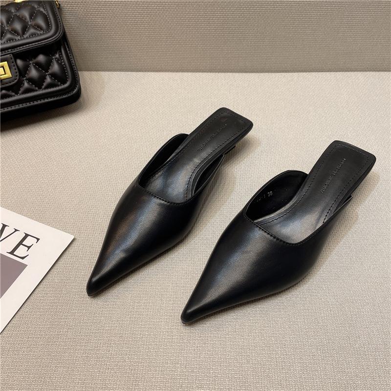 2025 Spring New Temperament Thin Pointed Cat with Bag Head Cool Slippers Women Wear Soft Leather Thin Heel Muller Half Slippers