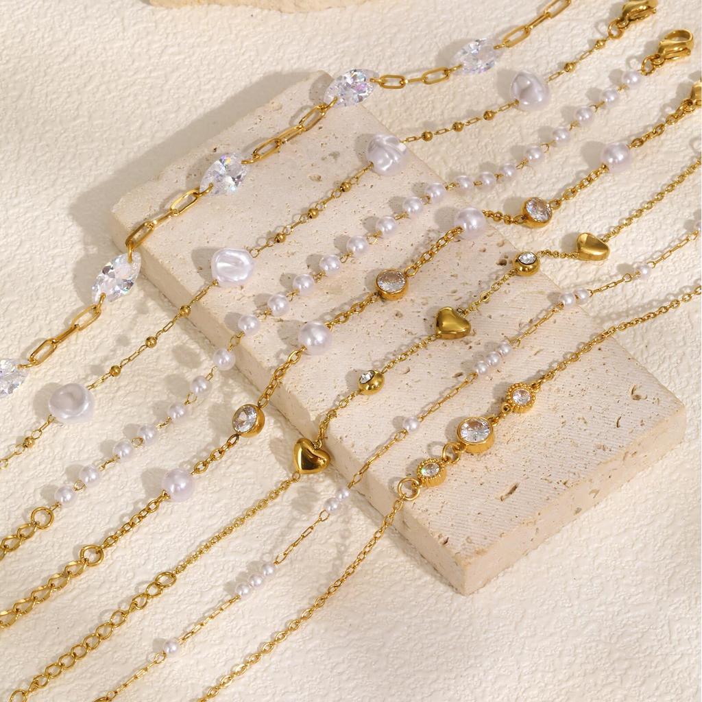 Pearl With Zirconia Beaded Bracelets for Women, Link Chain Bracelet,18k Gold Plated Stack Adjustable Jewelry