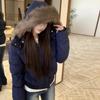 New Navy Blue Hooded Big Fur Collar Padded Jacket Women's Winter Small Padded Jacket