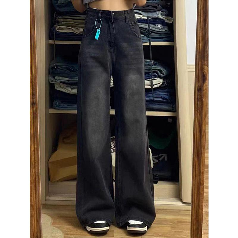 

Retro Plus Size Ladies Loose Slim Looking High Waist Straight-leg Denim Black Gray 3XL [Recommendation 75.00 kg-82.50 kg]]