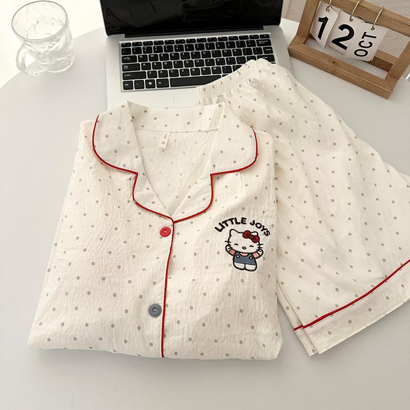 

Full of polka dots, Hello Kitty pajamas, women can wear red-edged short-sleeved shorts sets in summer, girls casual loungewear S