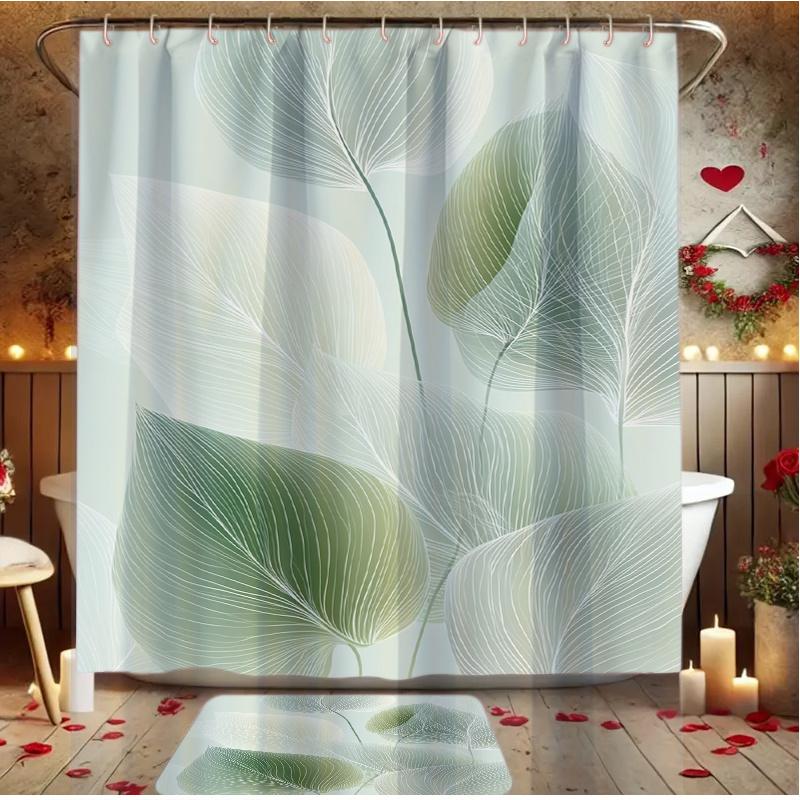 4Pcs Fresh Leaf Vein Shower Curtain Set with Non-Slip Bath Mat, Toilet Lid Cover, Contour Rug & 12 Hooks, Bathroom Decor