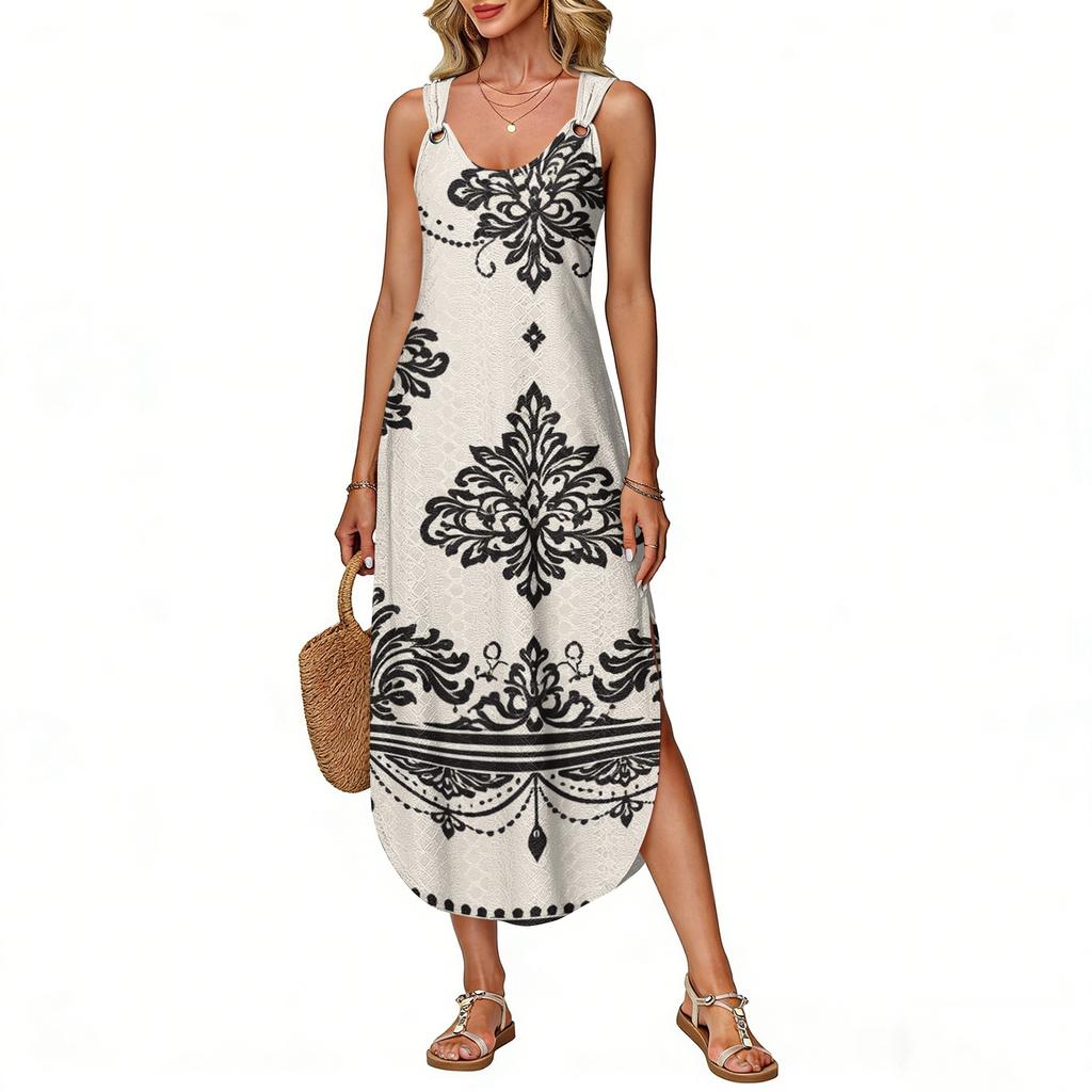Women's Summer Long Dress, Sleeveless With Side Slits, Long Retro Printed Camisole Dress