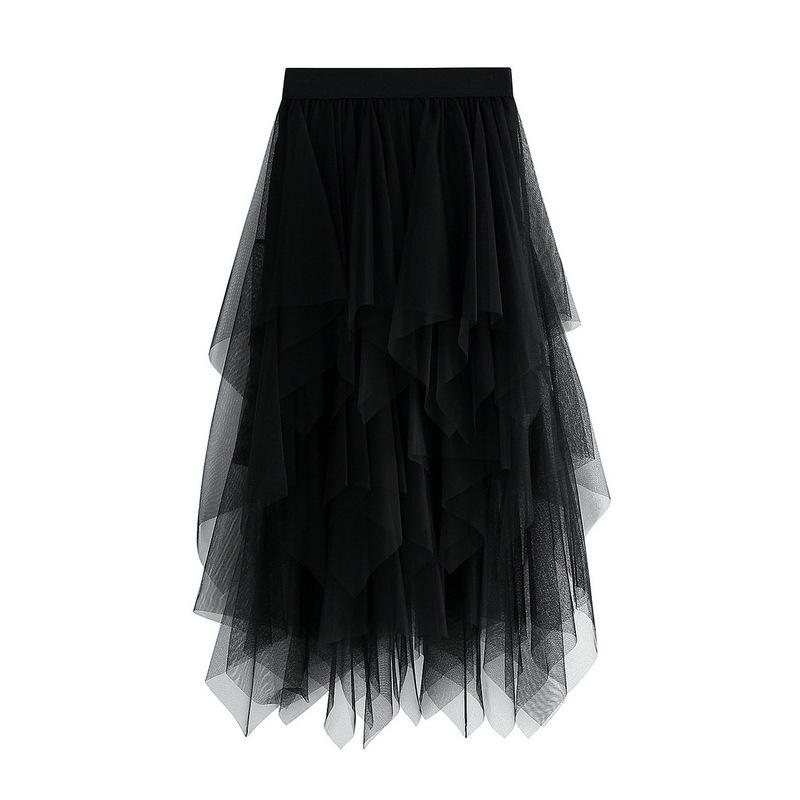 Gonna alla moda sexy da donna in rete a tinta unita, gonna a bolle irregolare in tulle elastico, vita quotidiana e vacanza