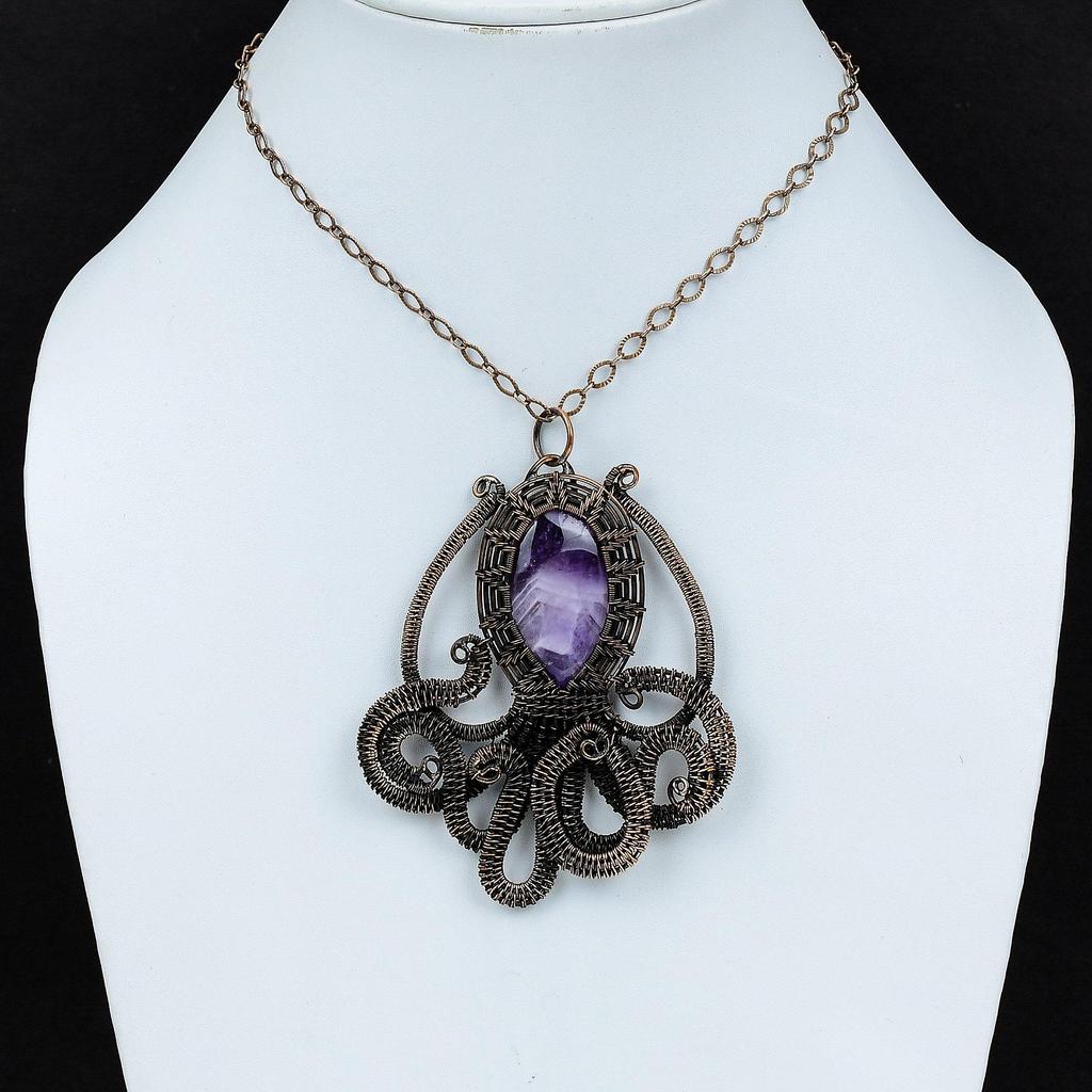 Chevron Amethyst Pendant Copper Wire Wrapped Pendant Gemstone Pendant Copper Jewelry Handmade Pendant Beautiful Octopus Jewelry Gift For Mom
