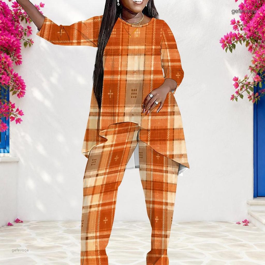 Women Plus Size Round Neck Long Sleeve Abstract Printed Irregular Top And Long Pants Two Piece Set