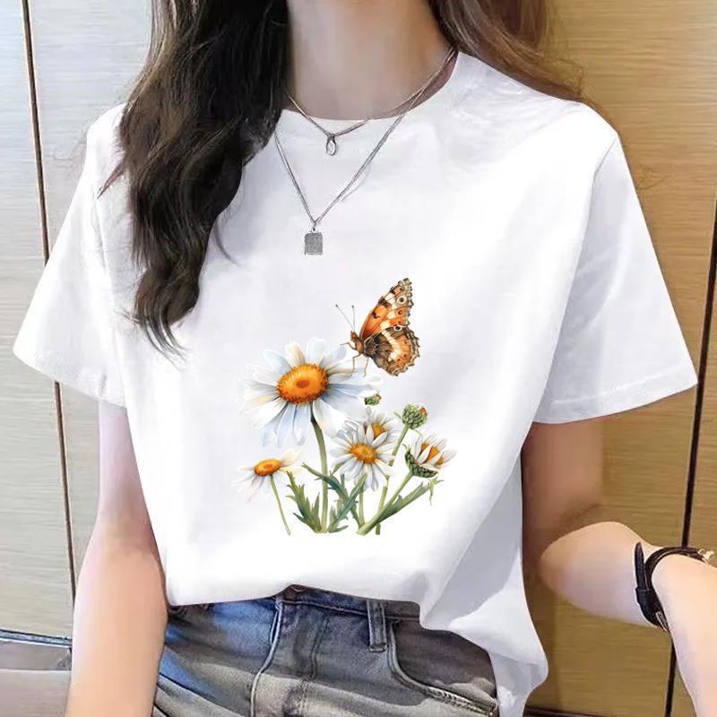 Korean Style Women's Floral Printed Short Sleeve T-Shirt, Round Neck, Casual Fashion for Youth