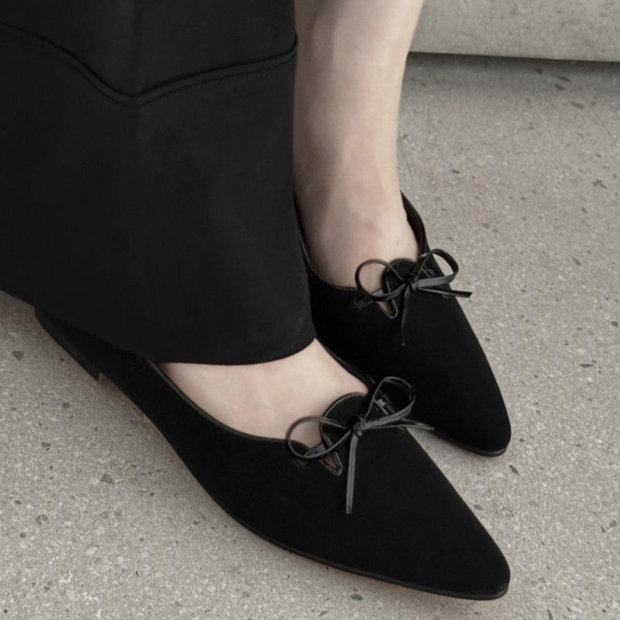 Fashion Pointed Comfortable Flat Bottom Shallow Mouth Single Shoes Women's Versatile Solid Color Foreign Style Simple Bow Matte Surface Grandma Shoes