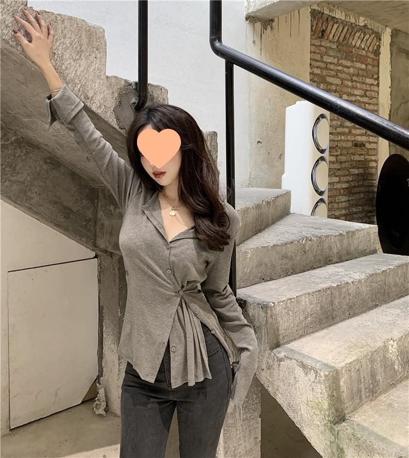 2023 Women's Autumn Korean Style Long-Sleeve Knit T-Shirt with Padded Shoulders, Slim Fit