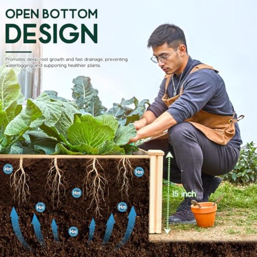 8x4 Ft Wood Raised Garden Bed Durable 15 Inch Depth Planter Box for Vegetables Herbs and Flowers Ideal for Outdoor Gardening wi
