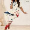 Women Plus Size White Red Blue Printed Round Neck Short Sleeve Longline Top Fitted Pants Two Piece Set
