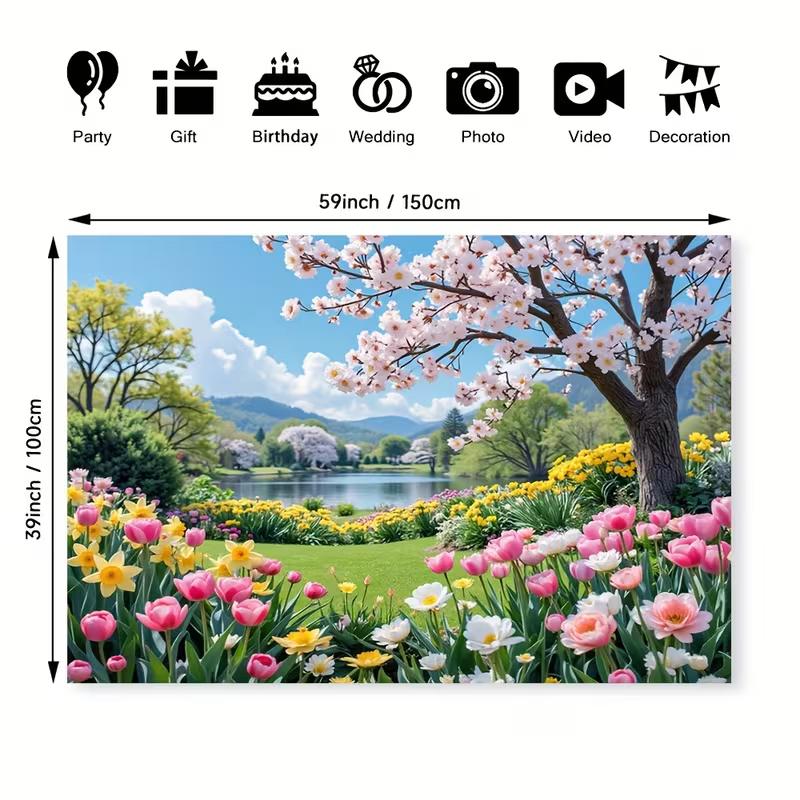 2D Blooming Spring Garden Backdrop Photography Background Banner