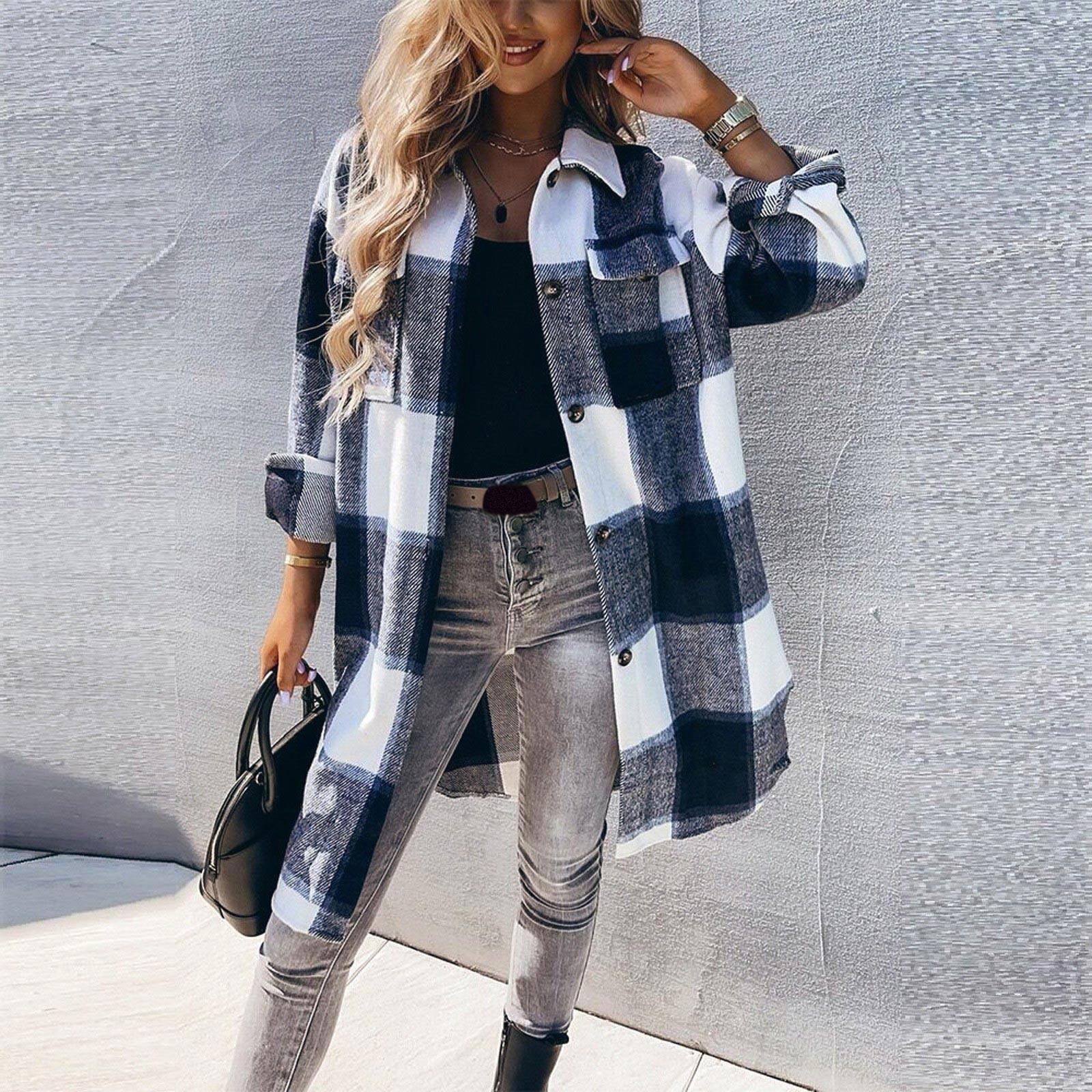 

Женские клетчатые кардиганы с карманами и нашивками в стиле пэчворк, пальто с длинными рукавами и открытой передней частью S чёрный