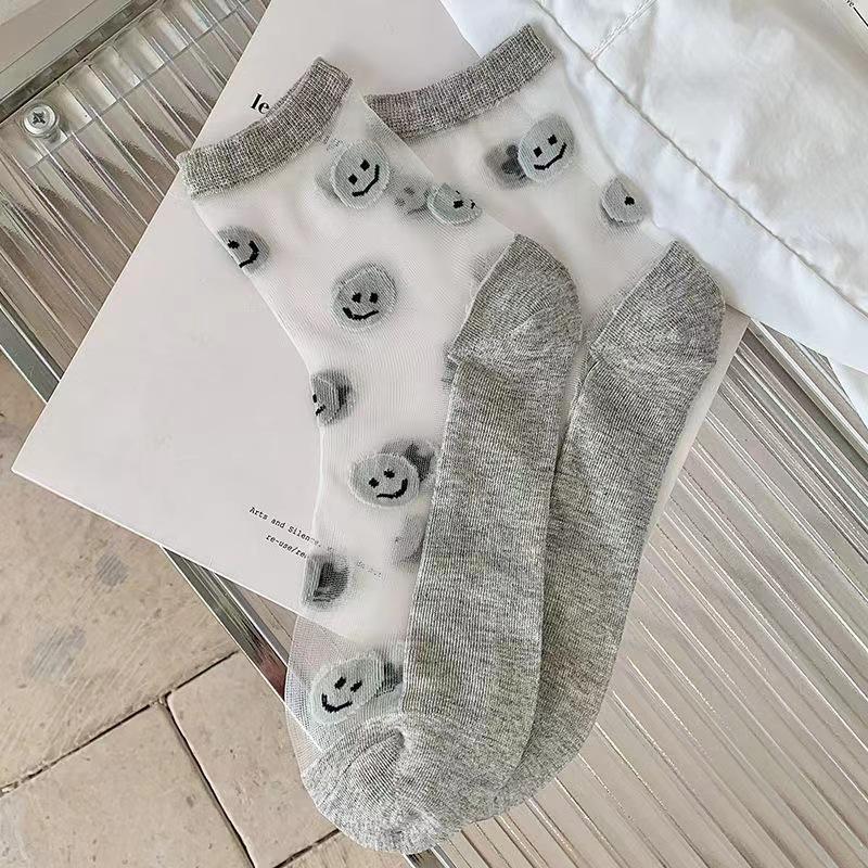 Frühlings- und Sommerdünne Transparente Glasfasersocken, Damen-Mittelwadensocken, Lächelnd, Niedliche und Atmungsaktive Baumwollsocken für Studentenfüße