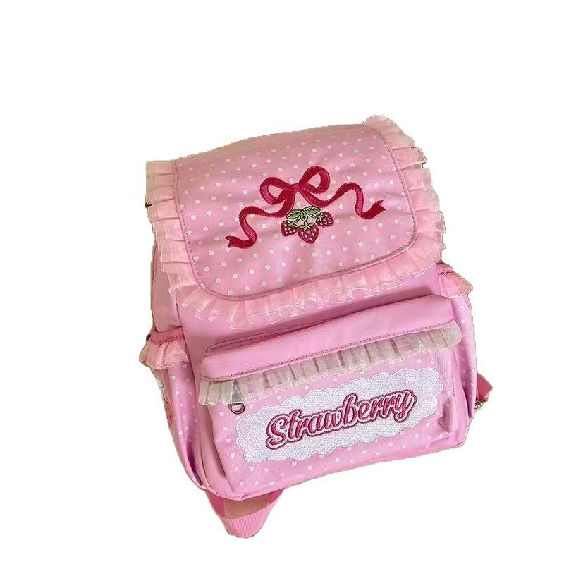Schoolbag New Ins Soft Girl Sweet Lady Shoulders Cute Embroidery Fruit Student Girl Schoolbag Strawberry Lace Backpack
