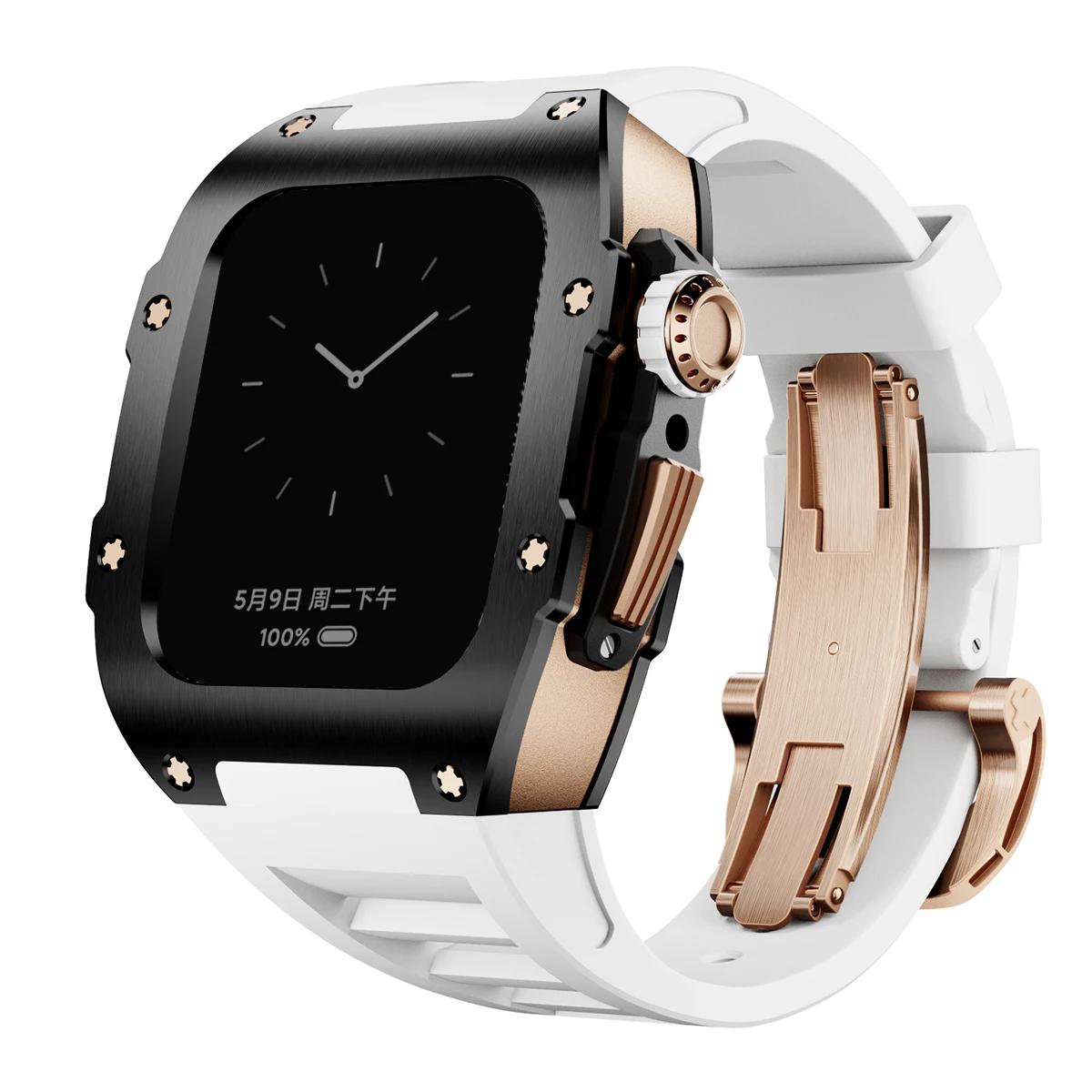 

Luxury Rubber Modification Kit for Apple Watch 11 46mm Silicone Sport Strap+Stainless Steel Case for Iwatch Series10 46mm Band 46mm Series 11 чорний білий колір