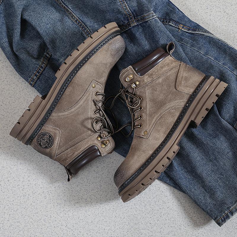 Hot Selling Street Fashion Work Boots Winter Thick Soled Yellow Men's High Top Shoes Warm Plush Men's Outdoor Hiking Shoes