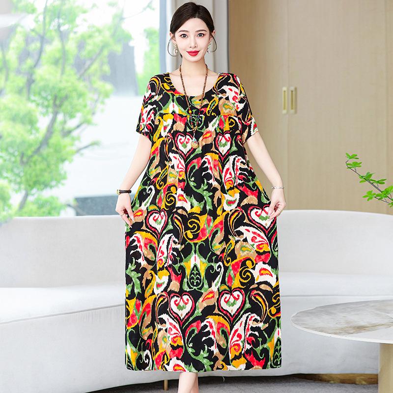 Cotton Silk Dress Women's Summer Large Size Temperament Loose Printing Casual Cotton and Linen Long Skirt