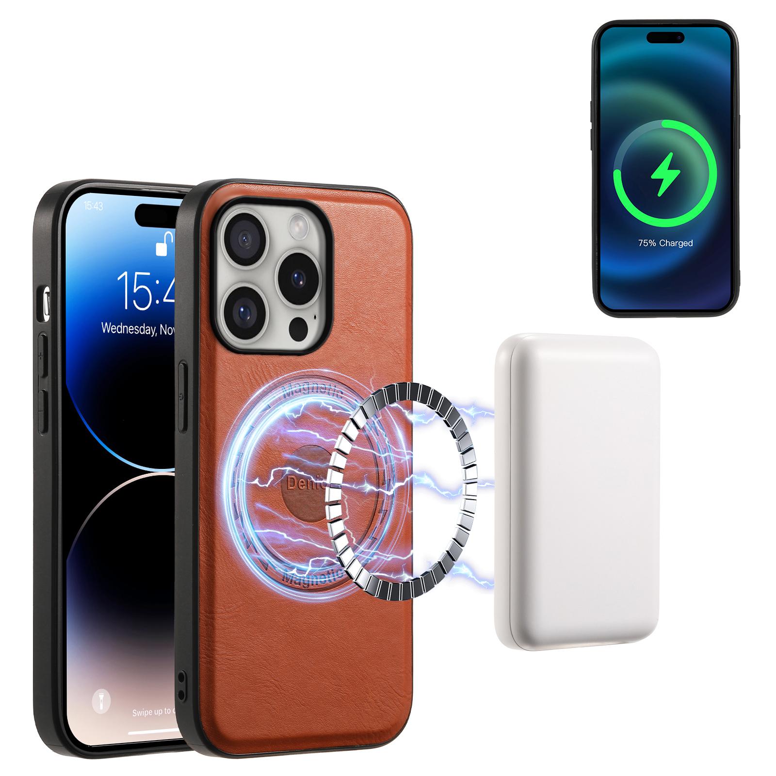 

DENIOR A10 for iPhone 16 Pro Max Magnetic Case Non-Slip Leather Coated PC+TPU Phone Cover Cowhide Texture Brown