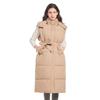 Womens Long Puffer Vest Over-Knee Warm Hooded Sleeveless Coat With Drawstring Waist