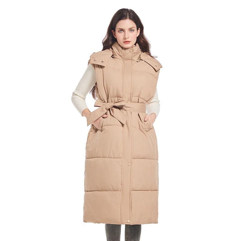 Womens Long Puffer Vest Over-Knee Warm Hooded Sleeveless Coat With Drawstring Waist