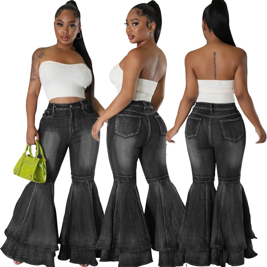 Fashion Wide-Leg Stretch Denim Flare Pants L чёрный