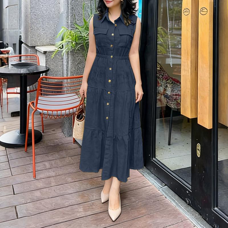 ZANZEA Women Casual Turn Down Collar Loose Sleeveless Dress