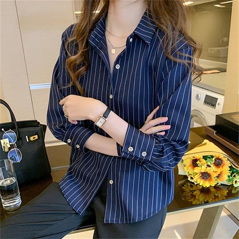 Women's Retro Striped Chiffon Shirt - Spring/Autumn 2025 Collection with Layered Lapel Design