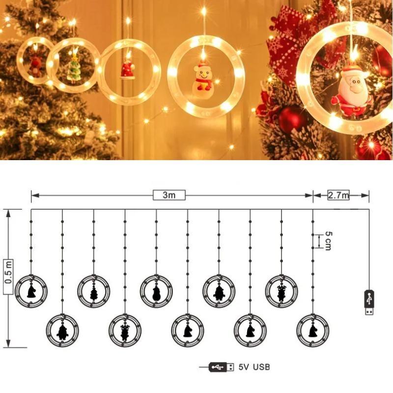 Christmas Lights LED String Lights USB Powered Fairy Lights with 8 Modes Santa Star Curtain Lights for Bedroom Window Xmas Tree Party Decorations