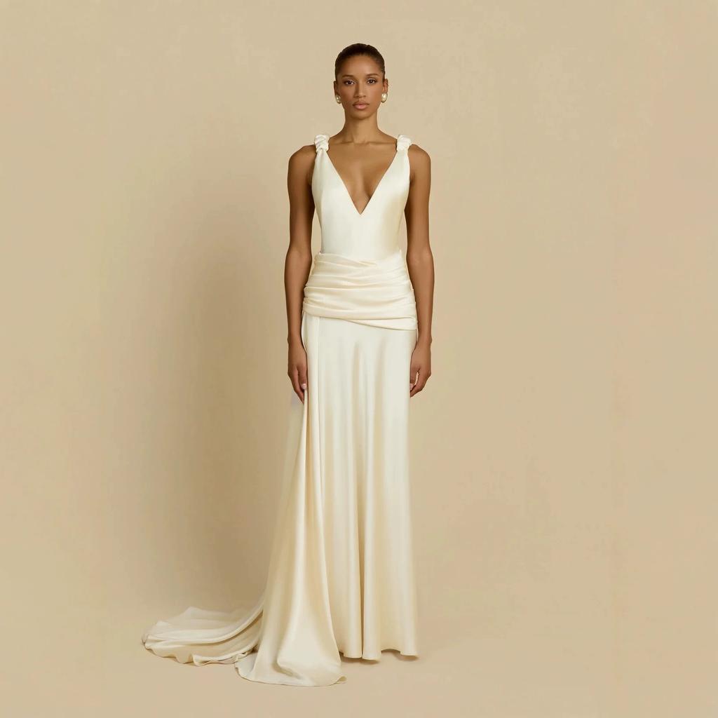 Suspender British European and American style backless long dress skirt women's deep V slim mopping wedding main yarn banquet temperament