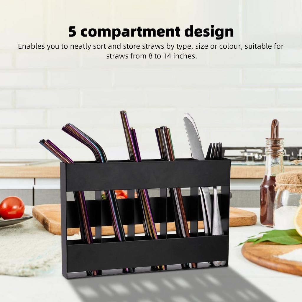 Straw Organizer Black 5 Compartment Space Saving Metal Straw Storage Holder with Double Side Adhesive Tape for Kitchen Cabinet