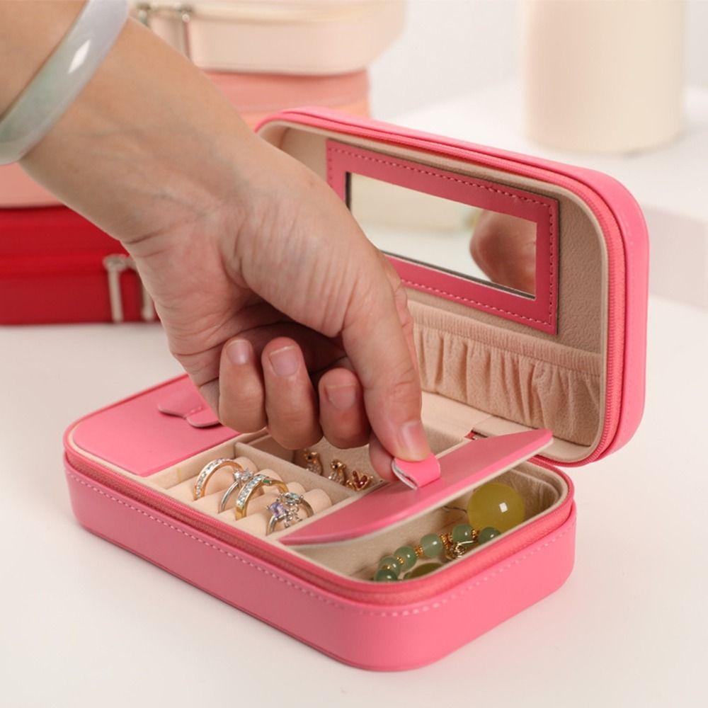 PU Travel Jewelry Case Solid Color Jewelry Display Box Simple Zipper Stotage Boxes  Women
