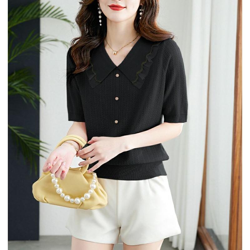 Summer Women's Ruffled Peter Pan Collar Knit Blouse Short Sleeve Button Front Slim Top